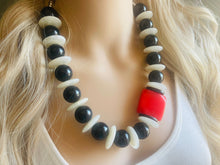 Load image into Gallery viewer, Black White Red Beaded statement necklace, extra chunky geometric bead cherry long necklace jewelry, red earrings jewelry set