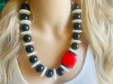 Load image into Gallery viewer, Black White Red Beaded statement necklace, extra chunky geometric bead cherry long necklace jewelry, red earrings jewelry set