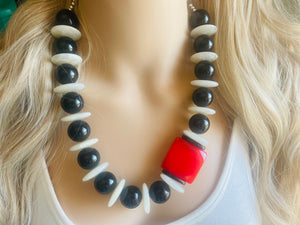 Black White Red Beaded statement necklace, extra chunky geometric bead cherry long necklace jewelry, red earrings jewelry set