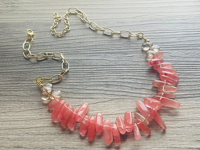 Rose Quartz Gemstone Beaded Chain Statement Necklace, gold jewelry, pink metallic jewelry, bridesmaid bib spiky collar layering necklace