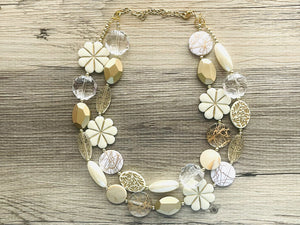 Golden Light OOAK statement Necklace, Gold Beaded Necklace, summer jewelry neutral, gold white resin shiny mirror gold beads