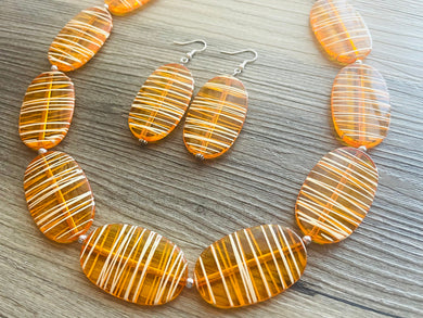 Textured Orange Statement Necklace, Big Beaded necklace, chunky beaded necklace wedding, clementine jewelry, white striped jewelry