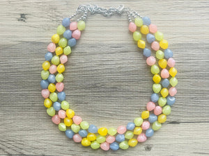 Carnival Pastel Chunky Statement Necklace, multi Strand Beaded Jewelry, blue pink green yellow jewelry, spring necklace, Easter statement