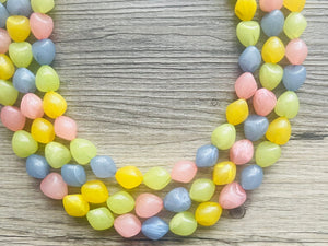 Carnival Pastel Chunky Statement Necklace, multi Strand Beaded Jewelry, blue pink green yellow jewelry, spring necklace, Easter statement