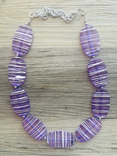 Load image into Gallery viewer, Textured Purple Statement Necklace, Big Beaded necklace, chunky beaded necklace wedding, lavender jewelry, white striped jewelry