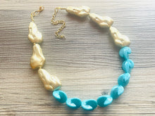 Load image into Gallery viewer, Gold Nugget &amp; Turquoise statement necklace, matte gold necklace, bib chunky single strand necklace, blue aqua jewelry beaded