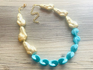 Gold Nugget & Turquoise statement necklace, matte gold necklace, bib chunky single strand necklace, blue aqua jewelry beaded