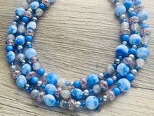 Load image into Gallery viewer, Celestial Storm chunky necklace, gray beaded jewelry, silver resin beaded necklace, beaded necklace, aqua light blue navy necklace