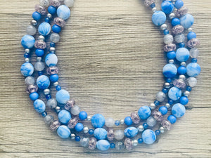Celestial Storm chunky necklace, gray beaded jewelry, silver resin beaded necklace, beaded necklace, aqua light blue navy necklace