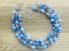 Load image into Gallery viewer, Celestial Storm chunky necklace, gray beaded jewelry, silver resin beaded necklace, beaded necklace, aqua light blue navy necklace
