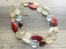 Load image into Gallery viewer, Runaway to Mars Statement Necklace, chunky bib beaded jewelry, neutral jewelry, red tan black champagne necklace, beaded acrylic jewelry