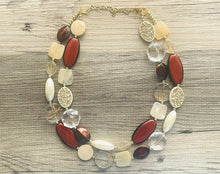 Load image into Gallery viewer, Runaway to Mars Statement Necklace, chunky bib beaded jewelry, neutral jewelry, red tan black champagne necklace, beaded acrylic jewelry