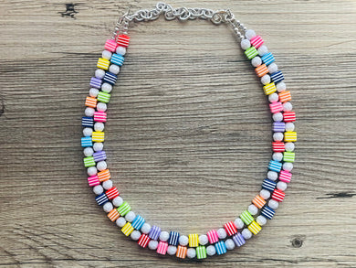 Rainbow 2 strand Beaded Necklace, Funky Colorful Jewelry, Chunky statement necklace, big beaded necklace, rainbow jewelry white