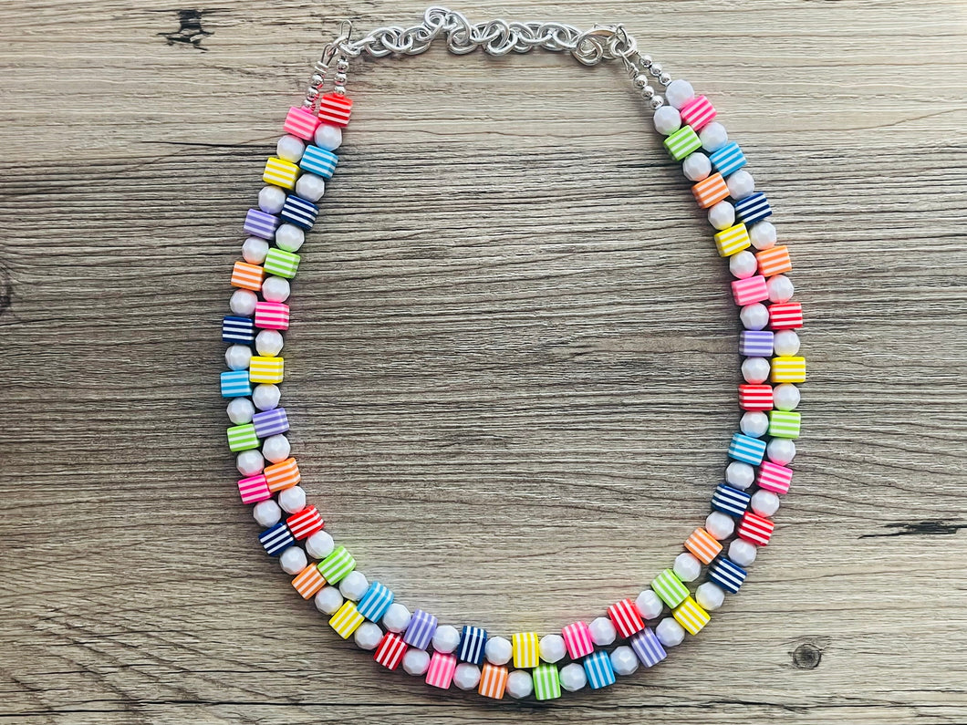 Rainbow 2 strand Beaded Necklace, Funky Colorful Jewelry, Chunky statement necklace, big beaded necklace, rainbow jewelry white