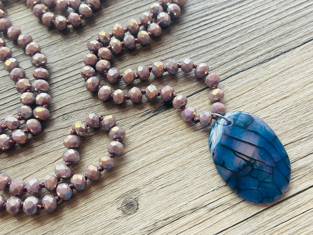 GemStone Chunky Statement Necklace, mauve purple blue gemstone necklace, long gem jewelry, beaded necklace, agate jewelry pendant long