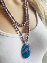 Load image into Gallery viewer, GemStone Chunky Statement Necklace, mauve purple blue gemstone necklace, long gem jewelry, beaded necklace, agate jewelry pendant long