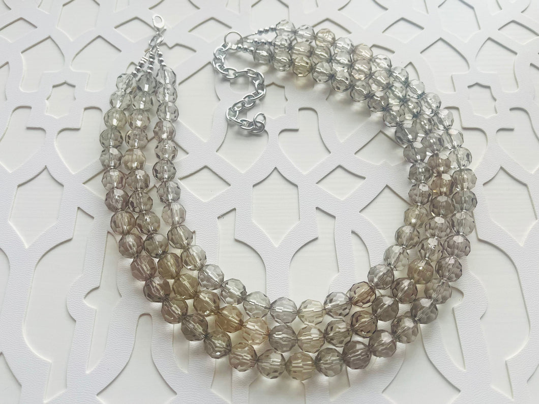 Light Gray Chunky Statement Necklace, Big beaded jewelry, Gray 3 Strand Statement Necklace, Bib necklace winter resin cream