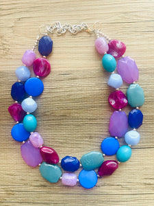 Berry Delightful Purple Periwinkle 2 strand statement Necklace, blue Beaded Necklace, summer silver jewelry, bubble bib neutral aqua