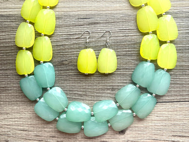 Lime Green Mojito Chunky Statement Necklace, Big beaded jewelry, Double Strand Statement Necklace, Bib necklace, green bridesmaid wedding