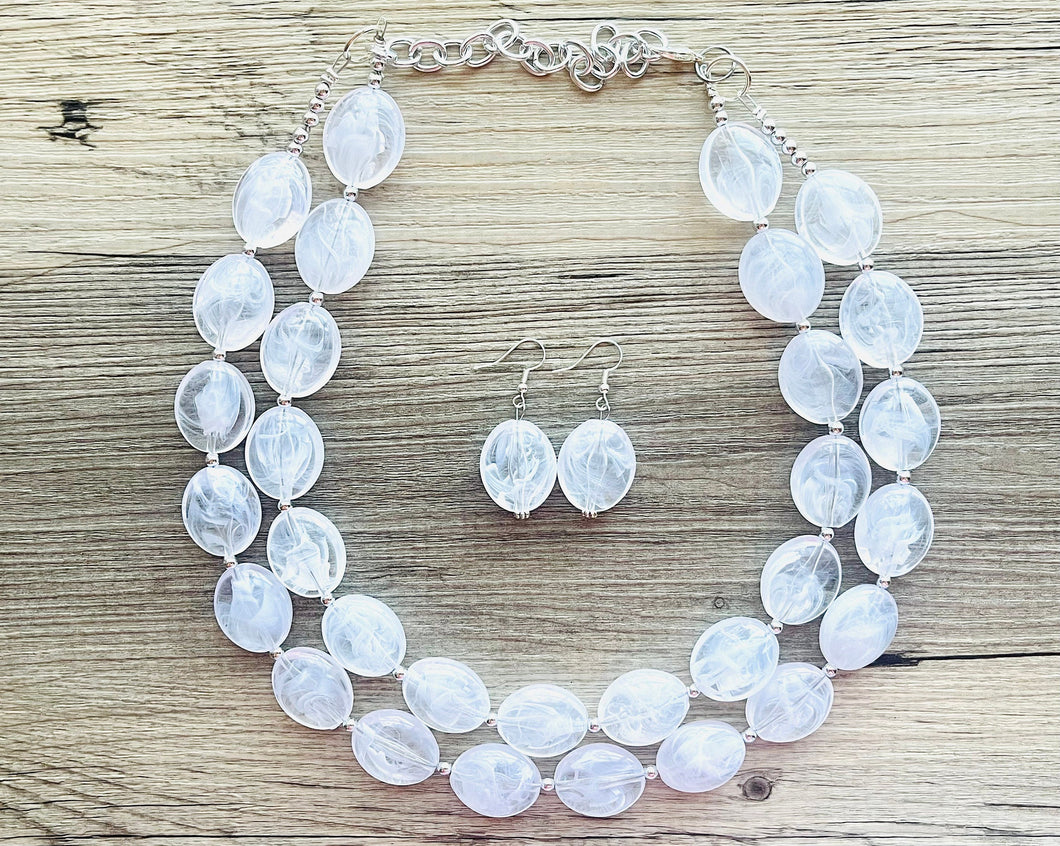Cloudy with a Chance White Statement jewelry set, Chunky Beaded Necklace, white Jewelry Necklace beaded, white and silver necklace