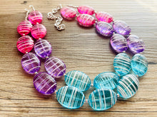 Load image into Gallery viewer, Blue Purple Pink Striped Chunky Statement Necklace double Strand Beaded jewelry, bridesmaid bib blue magenta aqua turquoise hot pink