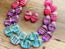 Load image into Gallery viewer, Blue Purple Pink Striped Chunky Statement Necklace double Strand Beaded jewelry, bridesmaid bib blue magenta aqua turquoise hot pink