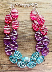 Blue Purple Pink Striped Chunky Statement Necklace double Strand Beaded jewelry, bridesmaid bib blue magenta aqua turquoise hot pink