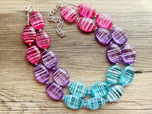 Load image into Gallery viewer, Blue Purple Pink Striped Chunky Statement Necklace double Strand Beaded jewelry, bridesmaid bib blue magenta aqua turquoise hot pink