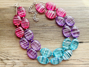 Blue Purple Pink Striped Chunky Statement Necklace double Strand Beaded jewelry, bridesmaid bib blue magenta aqua turquoise hot pink