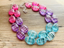 Load image into Gallery viewer, Blue Purple Pink Striped Chunky Statement Necklace double Strand Beaded jewelry, bridesmaid bib blue magenta aqua turquoise hot pink