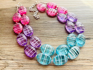 Blue Purple Pink Striped Chunky Statement Necklace double Strand Beaded jewelry, bridesmaid bib blue magenta aqua turquoise hot pink