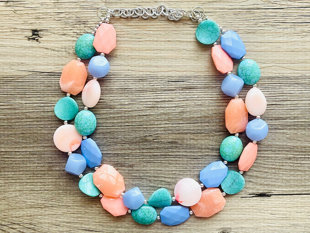 Creamy Popsicle double strand chunky jewelry, beaded blue jewelry, light blue thick necklace, turquoise periwinkle peach blue turquoise bib