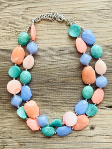 Creamy Popsicle double strand chunky jewelry, beaded blue jewelry, light blue thick necklace, turquoise periwinkle peach blue turquoise bib