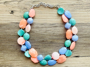 Creamy Popsicle double strand chunky jewelry, beaded blue jewelry, light blue thick necklace, turquoise periwinkle peach blue turquoise bib