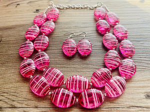 Dark Pink & White Striped Chunky Statement Necklace double Strand Beaded jewelry, bridesmaid bib magenta hot pink earrings