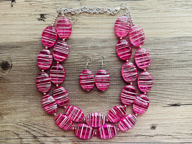 Dark Pink & White Striped Chunky Statement Necklace double Strand Beaded jewelry, bridesmaid bib magenta hot pink earrings