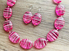 Load image into Gallery viewer, Hot Pink Striped Single Statement Necklace, Earrings Chunky Jewelry Big Beaded Necklace, dark pink Necklace, magenta bubble white