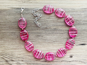 Hot Pink Striped Single Statement Necklace, Earrings Chunky Jewelry Big Beaded Necklace, dark pink Necklace, magenta bubble white