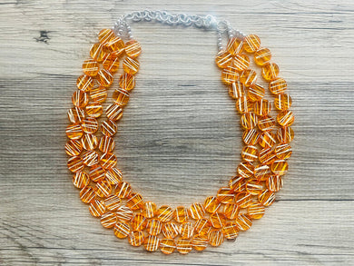 Crossed Paths Necklace, Orange Resin & White Necklace multi strand jewelry, big bib beaded chunky statement, bridesmaid necklace