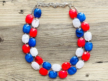 Load image into Gallery viewer, 4th of July Double Layer statement necklace with silver accents - Chunky Jewelry Patriotic America Red White and Blue beads