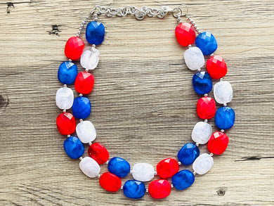 4th of July Double Layer statement necklace with silver accents - Chunky Jewelry Patriotic America Red White and Blue beads