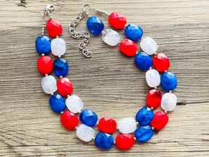 4th of July Double Layer statement necklace with silver accents - Chunky Jewelry Patriotic America Red White and Blue beads