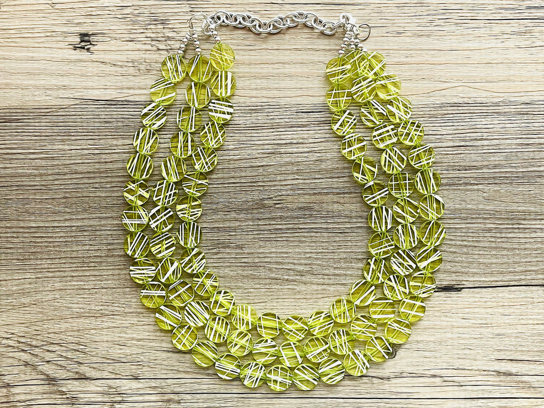 Crossed Paths Necklace, Lime Resin & White Necklace multi strand jewelry, big bib beaded chunky statement, bridesmaid necklace green