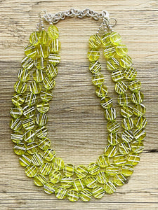 Crossed Paths Necklace, Lime Resin & White Necklace multi strand jewelry, big bib beaded chunky statement, bridesmaid necklace green