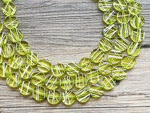 Load image into Gallery viewer, Crossed Paths Necklace, Lime Resin &amp; White Necklace multi strand jewelry, big bib beaded chunky statement, bridesmaid necklace green