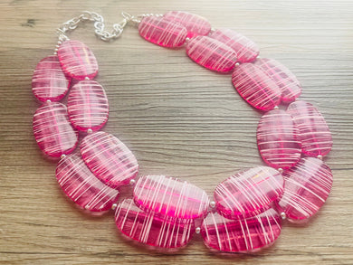 Dark Pink & White Striped Chunky Statement Necklace double Strand Beaded jewelry, bridesmaid bib magenta hot pink earrings