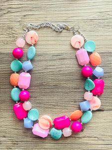 Summer Nectarine Pink Periwinkle & Orange Necklace, multi strand jewelry, big beaded chunky statement necklace, pink necklace turquoise