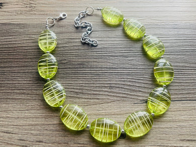 Textured Lime Statement Necklace, Big Beaded necklace, chunky beaded green necklace wedding, green jewelry, white striped jewelry