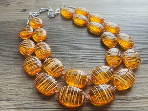 Textured Orange Statement Necklace, Big Beaded necklace, chunky beaded necklace wedding, clementine jewelry, white striped jewelry