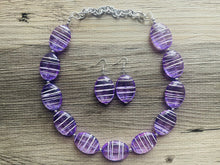 Load image into Gallery viewer, Textured Purple Statement Necklace, Big Beaded necklace, chunky beaded necklace wedding, lavender jewelry, white striped jewelry